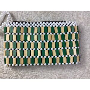 Beaded Clutch Purse With White Green Gold* Zipper Closure & Wrist Strap*New